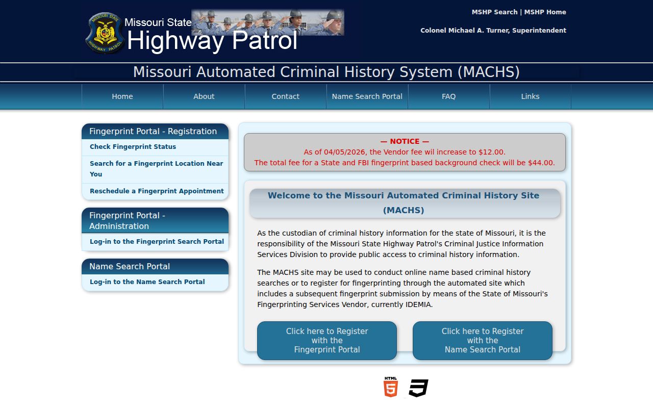 Worth County criminal history options on the Missouri MACHS portal