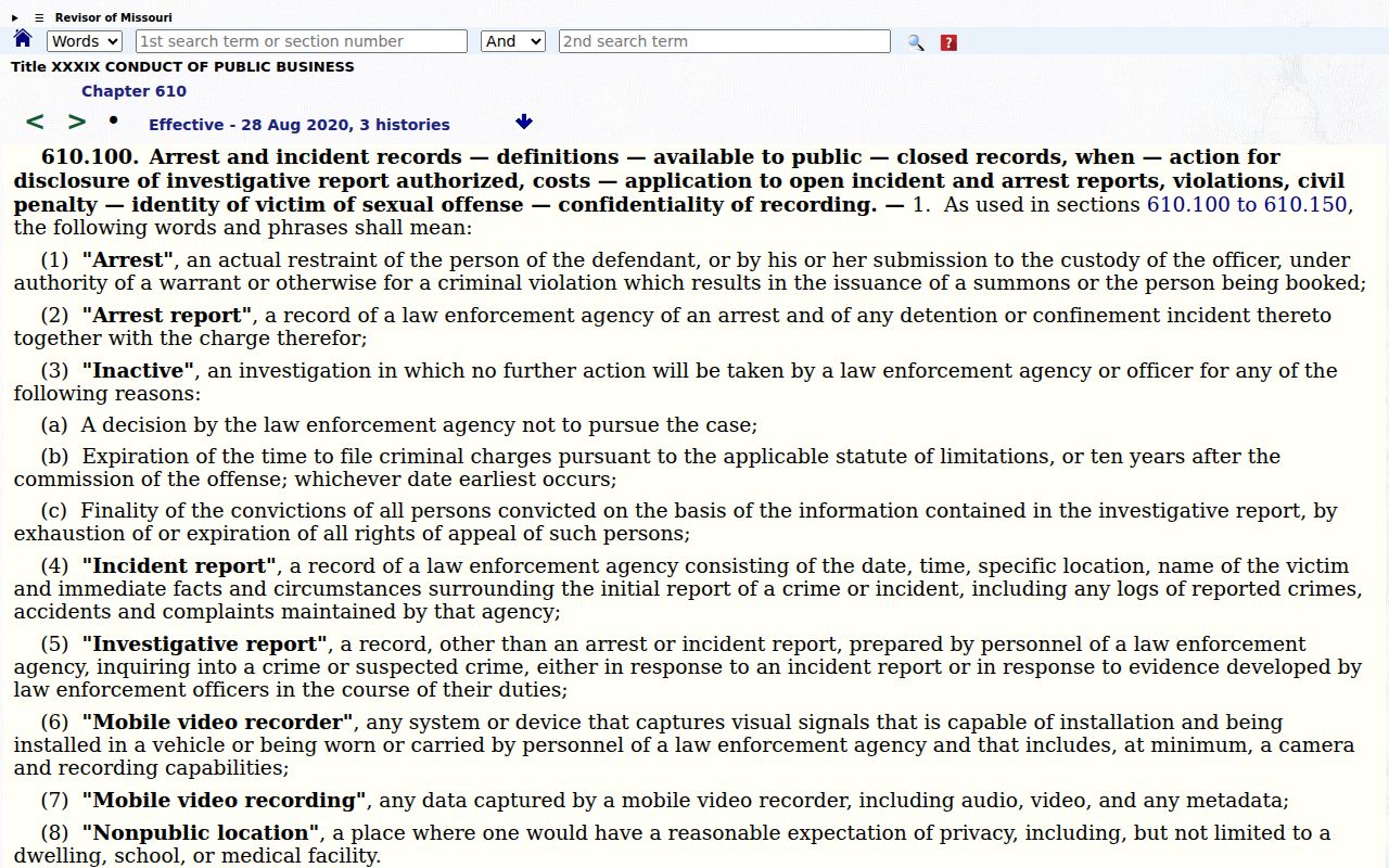 Worth County arrest record access rules under Missouri section 610.100