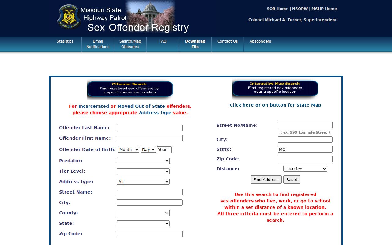 Worth County sex offender lookup fields in the Missouri registry